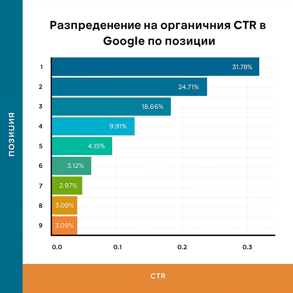азпределение на органичния CTR в Google по позиции азпределение на органичния CTR в Google по позиции