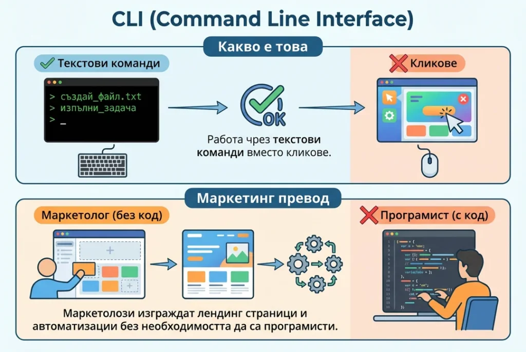 CLI или Command Line Interface е работа чрез текстови команди вместо кликове