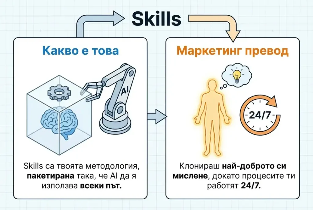 Skills са твоята методология, пакетирана така, че AI да я използва всеки път